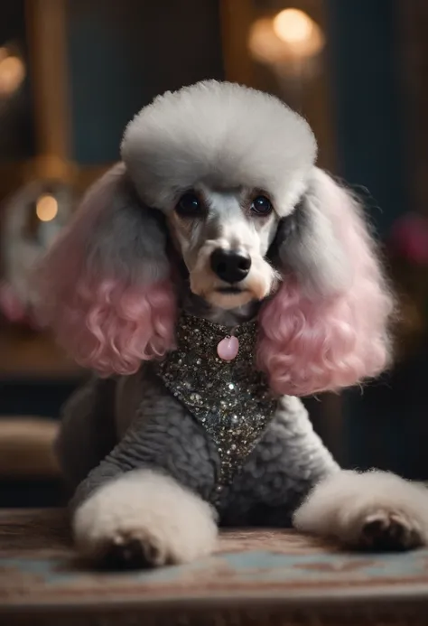 Poodle gigante femea cinza tigrada estilo Disney pixar com focinho raspado sem pelos e topete alto na mesa de tosa rosa com fundo de azulejos brancos escrito "Estrela "