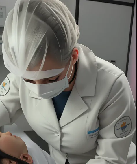 Woman, 35 years old, physiotherapist in a lab coat, head down in attendance