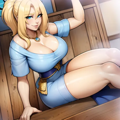 (((((Solo))))) Girl with light blonde hair in a ponytail with bangs, smiling, facing camera, blue eyes, large chest,wearing blue kimono, cooking, cleavage, sitting at a wooden table, beautiful eyes, detailed hands, full lips, best quality, (fortune teller)...