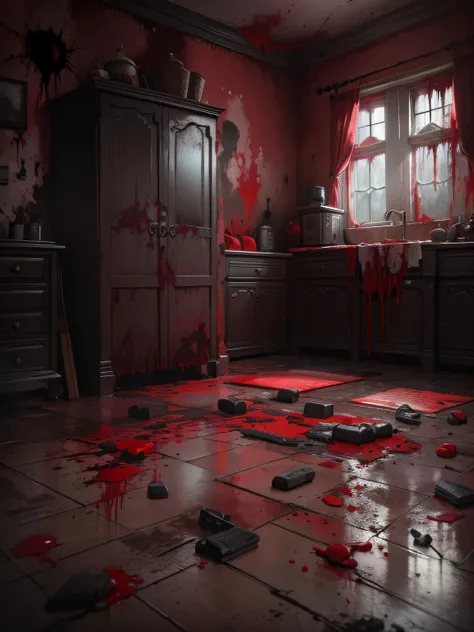 Create a terrifying and macabre indoor room scene, drenched in bloodstains, where an ominous atmosphere lingers, sending shivers down the spine,