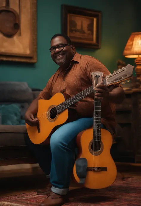 crie um banner no estilo Pixar. Um homem negro de 46 anos , obeso,  com camisa social, Panama hatwith features Wearing jeans and holding a classical guitar with 7 strings.