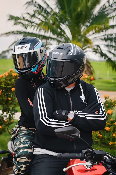 Theyre wearing helmets and sitting on a motorcycle, Capacetes, usando capacete, usando capacete, capacete da motocicleta, usando um capacete redondo, horseback riding, capacete no rosto, leme, wearing skating helmet, usando capacete de skate, sem capacete,...