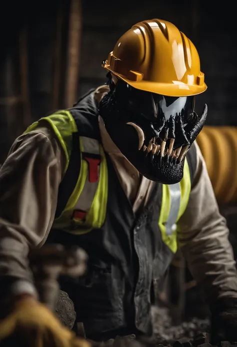 Venom working as a construction worker, hard hat, ppe hyper detailed, intricate detail, crystal clear image