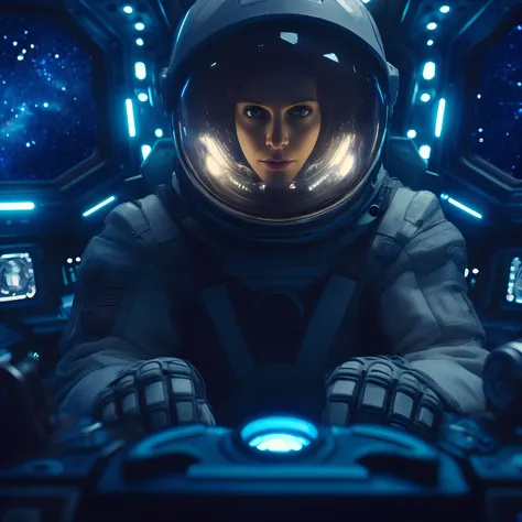 a close up of a person in a space suit in a spaceship, sci-fi cinematic movie still, 8 k movie still, stunning vfx, from a 2 0 1 9 sci fi 8 k movie, still from a ridley scott movie, powerful woman sitting in space, in a scifi movie, sci - fi film still, hi...