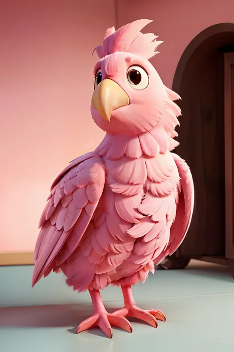 Cacatua galah muito fofa no estilo Disney Pixar, With her feathers on her pink head, nas asas penas cinzas claras