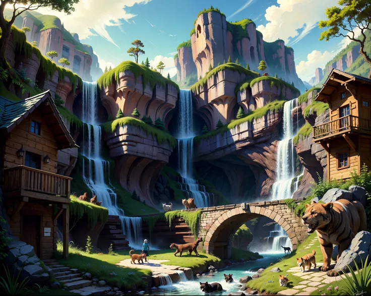 Beautiful paradise, mix of Switzerland and Italy, cats, panthers, and dogs, and bears in the landscape, a small bridge near the waterfall, a cute house and a girl playing