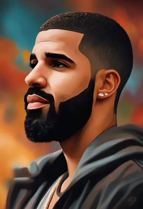 Create a vibrant design for a t-shirt featuring the iconic singer Drake. The image is a striking painting that captures his essence: his charismatic and confident demeanor is depicted through his piercing gaze and infectious smile. The artist skillfully po...