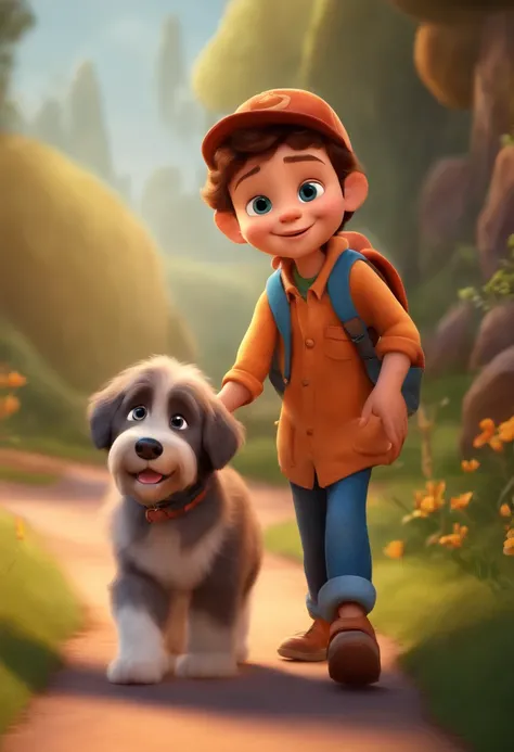 Very cute child in Disney Pixar style with his dog of the breed lulu walking