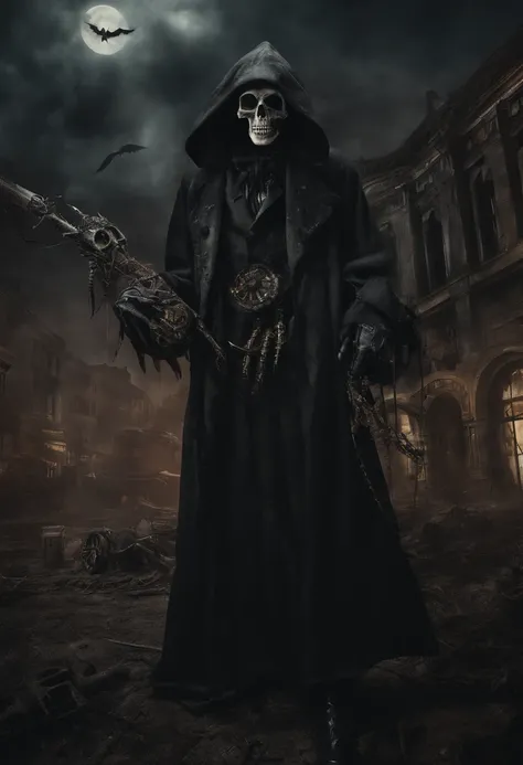 Hyper-realistic photo of grim reaper with long demon teeth and surrealist city in jean-philip benjamin-constant style with colorful steampunk strange machines in the sky