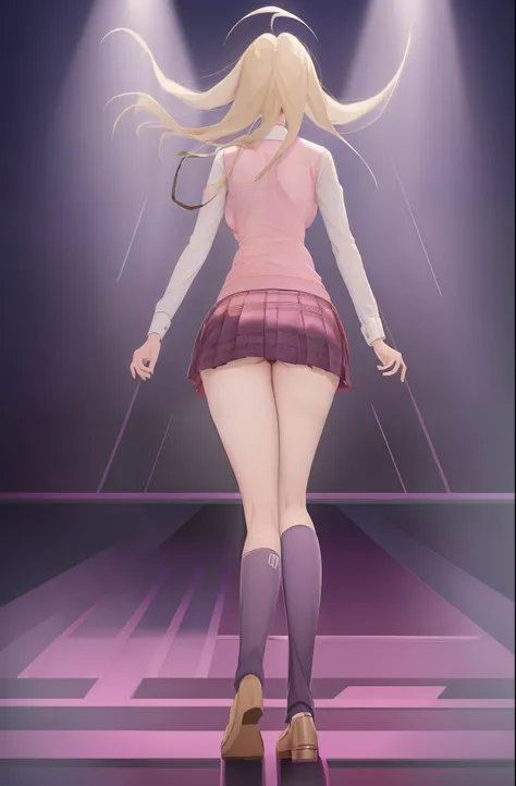 Masterpiece, Best Quality, KaedeDG, (1girl:1.4), necktie, sweater vest, breasts, shirt, long sleeves, solo, beamed eighth notes, white shirt, collared shirt, medium breasts, school uniform, (wind lift:0.8), (panties:0.8), (pretty butt:1), smile, solo, (fro...