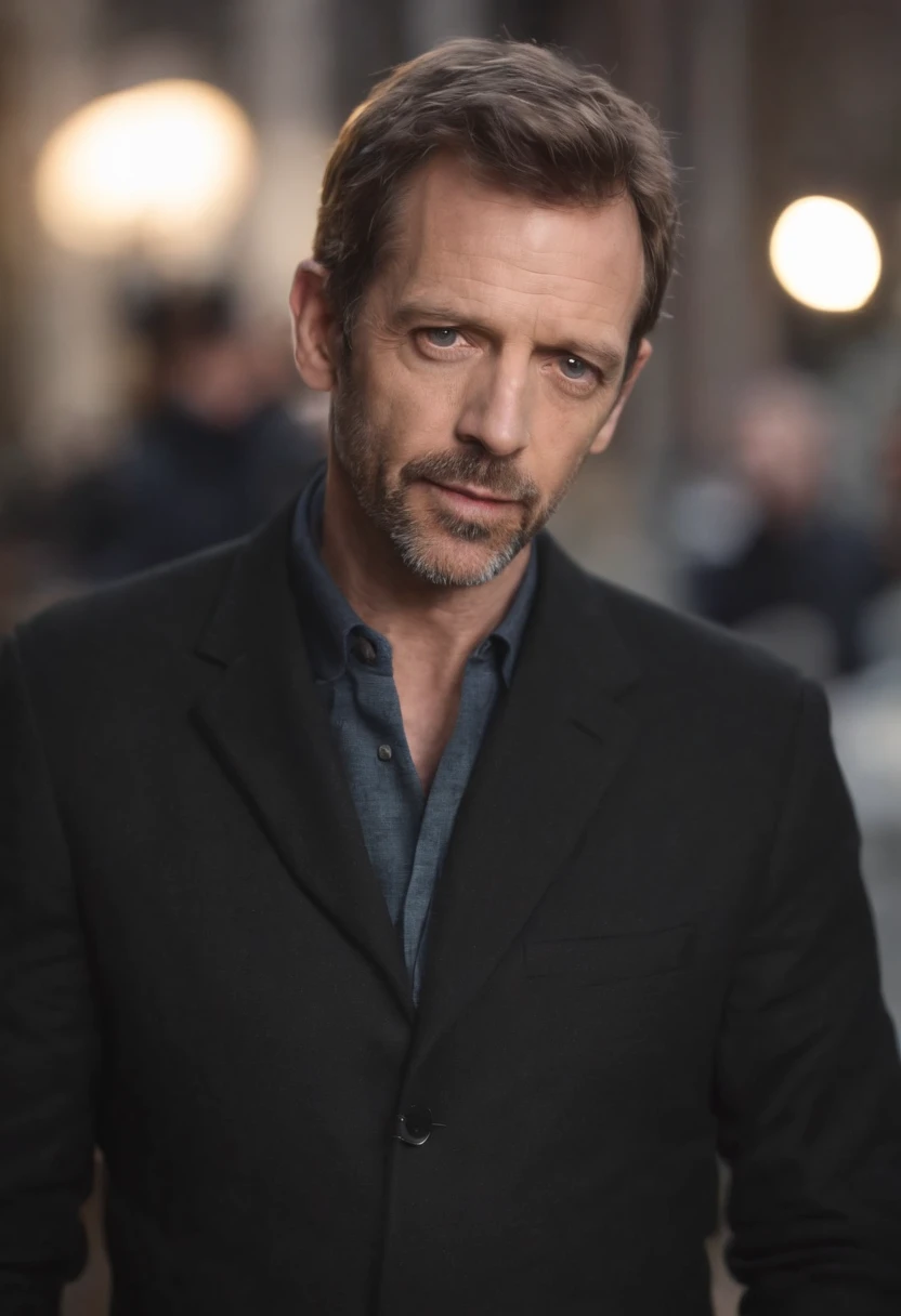 um homem, master part, extremamente detalhado, melhor qualidade, Com trajes terno preto, extremamente detalhado, como Dr. Gregory House. (8k, qualidade superior, melhor qualidade, obra-prima, altamente detalhado: 1.2), (de meio corpo:1.3)