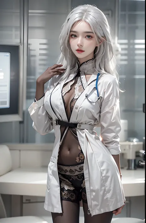 photorealistic, high resolution, 1 women, solo, hips up, look at viewer, (detailed face), white hair, Long Hair, doctor outfit, nude