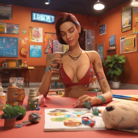 create a 3D movie poster inspired by Disney Pixar, The scene should be in Pixars signature digital art style, com uma imagem caricatural que lembra a cantora brasileira "Anita" in the prone position, Wearing a bikini while a tattoo artist is sitting tattoo...