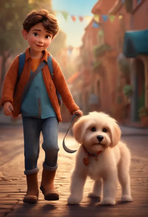 Very cute child in Disney Pixar style with his dog of the breed lulu walking