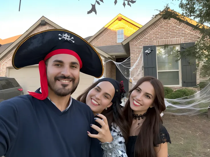 there is a man and woman posing for a picture in front of a house, pirate themed, profile image, spooky photo, goth family, profile picture, wearing a witch hat, in front of a two story house, halloween celebration, photo of a ghostly pirate, wearing a sil...