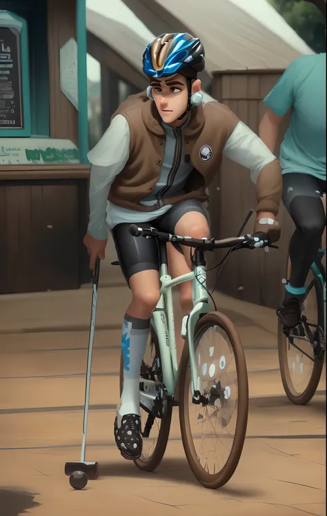 Crie um personagem no estilo Disney Pixar de um menino ciclista, com capacete branco e roupa preta numa bicicleta de montain bike, Hes brown, com olhos quadrados e nariz reto e orelhas pequenas