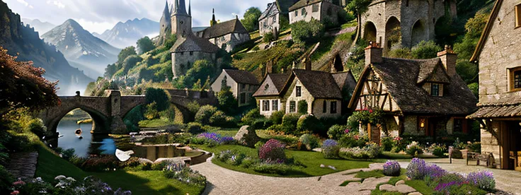 (by Greg Rutkowski: 1.2), (masterpiece), (best quality), extremely delicate and beautiful, illustration, (fantasy landscape), A mesmerizing fantasy landscape with enchanting elements blending seamlessly. (medieval village, houses, medieval fantasy), from B...