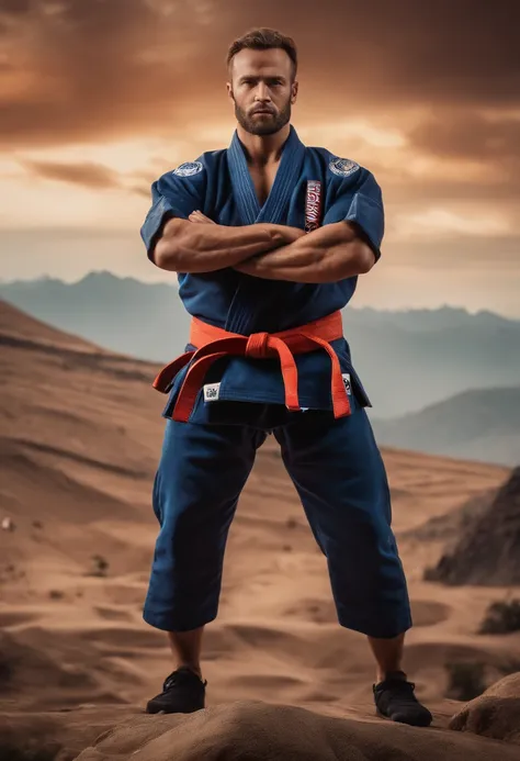 homem em frente a uma gigantesca montanha ao fundo, with arms crossed, Man in combat position, Quimono de jiu-jitsu, 8k, hyper realista, detalhado.