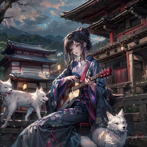 Cinematic lighting,super detailed skin、Beautiful detailed eyes、Best Quality,Perfect Anatomy,(Alternative、dim colors, Soothing tones:1.3),(Detailed beautiful facial features:1.3)Girl in a fancy purple kimono、Modern Kyoto Kiyomizudera Temple （plays the guita...