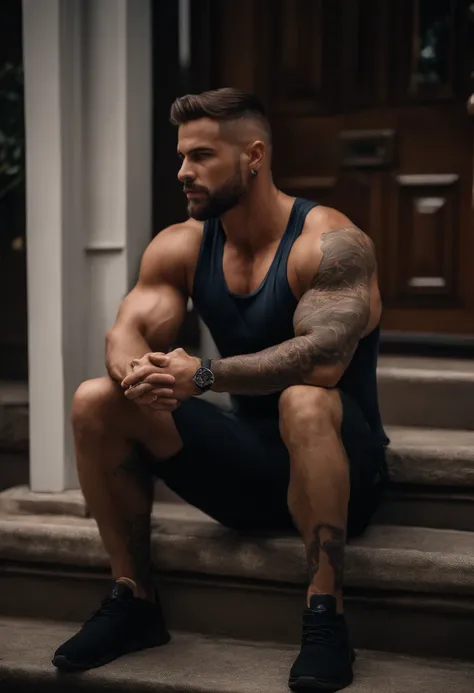 hyper realistic, Cabelos escuros, peito peludo, Man sitting on the steps of a house with a tattoo on his arm, macho sexy, strong masculine features, Macho bonito, macho atraente, modelo fitness, 2 homens musculosos atraentes, homens musculosos, athletic ta...