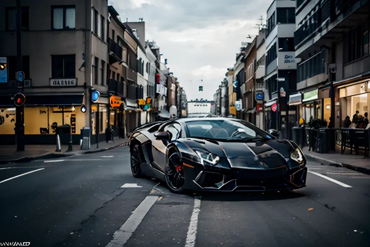 Masterpiece, best quality, 4k, automobile, black 2022 Lamborghini Aventador, European city street backdrop, 3/4 view, cowboy shot, solo, single