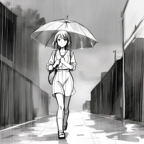 ((sketch)) ((manga style)) a girl walking under the rain