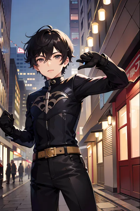 Personaje de anime con traje de cuero negro de pie en una calle de la ciudad, Anigirl Superman, Hermosa pose de anime, Fanart exquisito altamente detallado, Arte Zerochan, Persona 5 Art Style Wlop, Badass Anime 8K, Joven hombre de anime, Gama Murata y Artg...