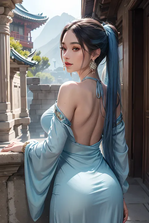 a beautiful lady, 22 year, stunningly beautiful, charming, feminine, gorgeous,  wearing  long-sleeved midi dress , blue pony tail hair, earrings,  looking back over the shoulder, sunlight, ancient temple background, 8k, intricately detailed, UHD,