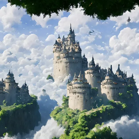 ​masterpiece、hightquality、Realistic、landscape shot、life-like、A detailed、Like the photo、Glowing castle in the sky、Deities々Castle in the Sky、Castle in the Sky、Flying Castle、Castle in the Sky、Castle of Glory、Castle above the clouds、Lush castle surrounded by t...