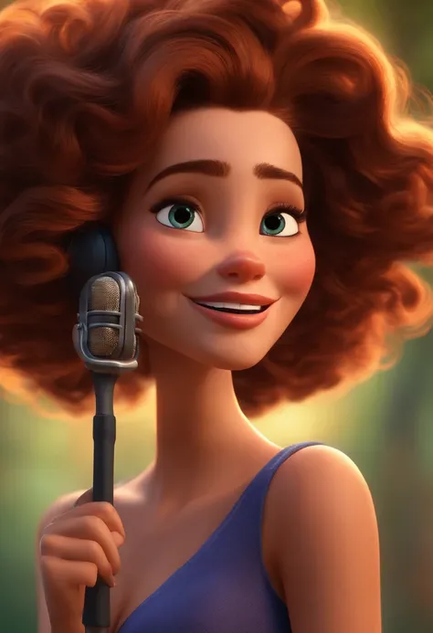 Pixar mulher elegante com cabelos longos e castanhos,  sorrindo e falando com a plateia segurando um microfone sem fio, muito feliz e acolhedora