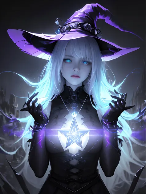 depicts a modern-day witch who has embraced the world of cybernetics to enhance her magical abilities. the artwork should convey...