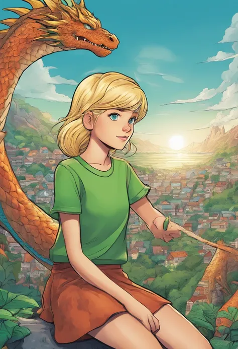 Digital Art Top Resolution 8K Image A Very Beautiful 10 Year Old Girl Blonde Blue Eyes In Green Sweatshirt In Skirt Looking At A Blue Dragon Ultra Detailed Ultra Realistic Shadows