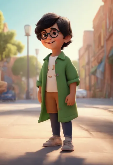 a happy cute kid stand short hair, usa uma camisa verde, Round Glasses Black Hair, , fundo branco, barnet, Tom, Estilo Pixar, ....3d, desenhos animados, rosto detalhado, asymmetrical 16k