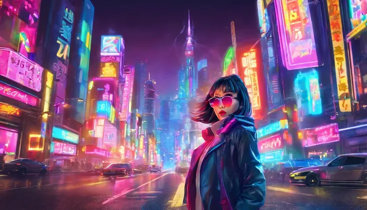 (masterpiece, retrowave style:1.3), a captivating retrowave-style image featuring a stylish sexy Japanese woman in the vibrant streets of Tokyo, (retro-futuristic ambiance:1.2), (a fusion of past and future aesthetics:1.1), (Tokyos neon-lit skyline in the ...