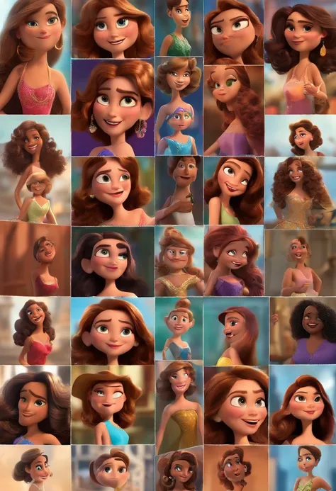 Pixar mulher elegante com cabelos lisos, longos e castanhos, olhos cor de mel, sorrindo e falando com a publico que a assite, segurando um microfone sem fio, muito feliz e acolhedora. Ela usa um vestido elegante