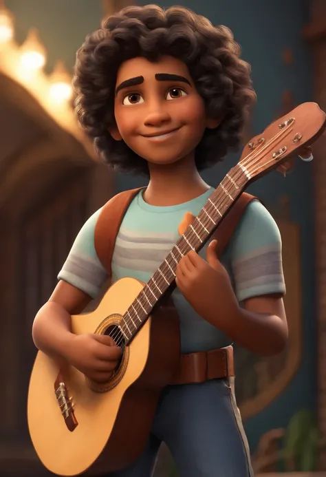 crie um banner no estilo Pixar. A boy with Indian features, moreno pardo com cabelos curtos, Castanhos escuros, Curly and slightly grayish appearance, mas jovem, usando uma camiseta, Wearing jeans and holding a classical guitar with 7 strings.