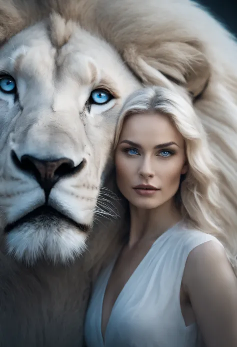 A Beautiful woman with blue eyes posing for an elegant picture with a White Lion, head to head, hyper Realistic, crystal clear image