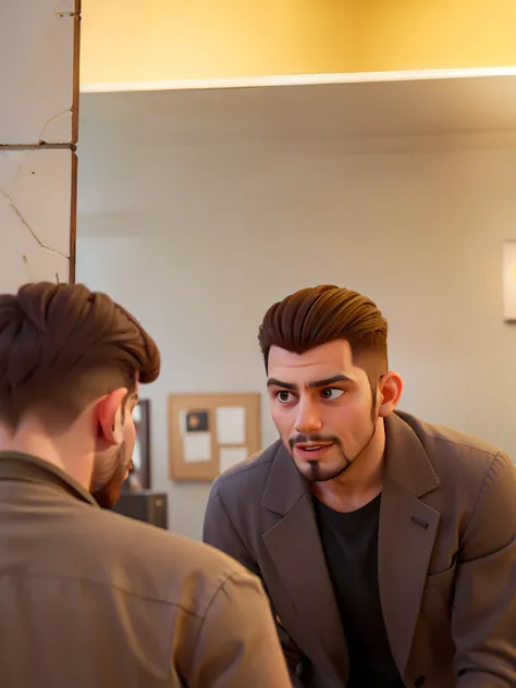 Jovem no terno marrom, de barba rala camisa preta se olhando no espelho do banheiro