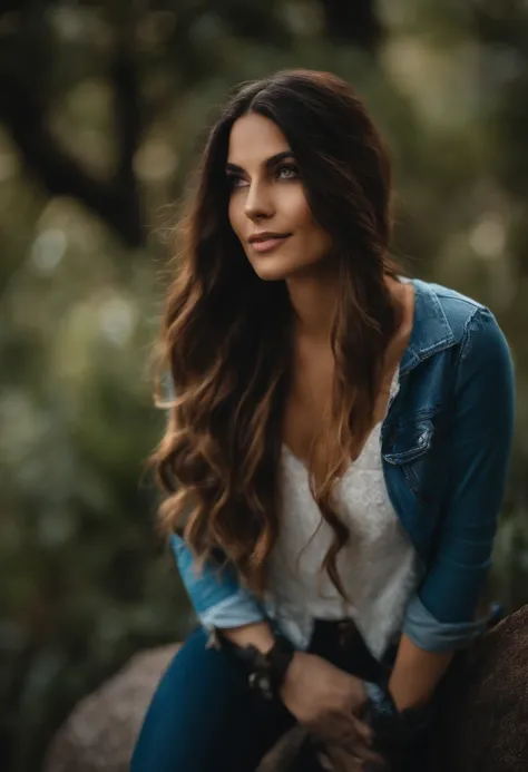 Uma jovem de 31 anos bonita com longos cabelos pretos, e olhos pretos, Curto e magro,  usando jeans.