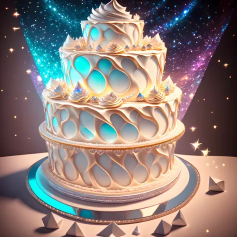 High quality，Ultra HD in 8K，The background has a brilliant sense of color like cosmic stars，Crystal clear glass shards are inserted into the cake，There is blood left on top of the cake，Also flowed to the glass shards partially，The glass shards reflect a bl...