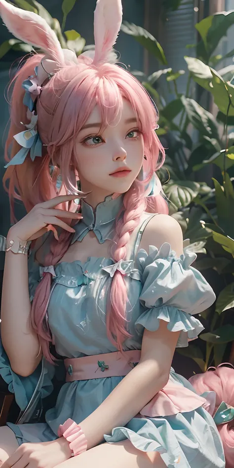 ultra-detailed, high res, masterpiece, beautiful girl, pink hair, bunny ears, long semicolorful hair, ponytail, emerald cyan eyes, kid, bunny soft background