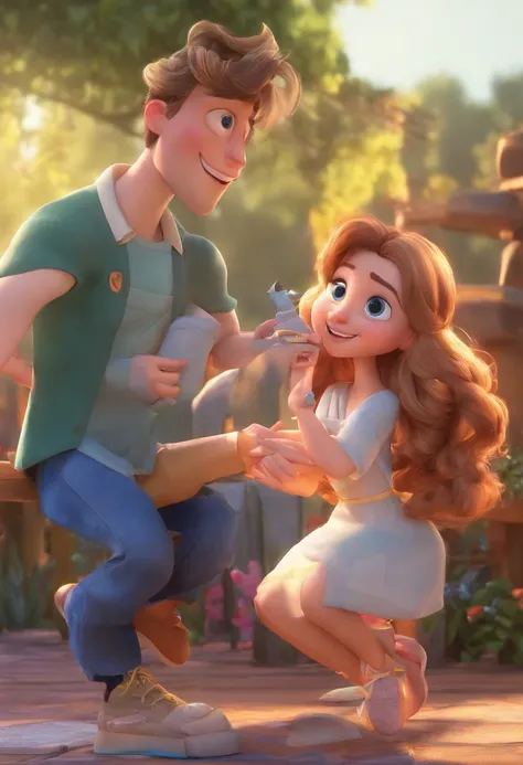 Portada estilo Disney Pixar, title Mike & Nat, Animated film of a couple in love, adventurers, She is white, light-eyed, and has long wavy brown hair, she is 25 years old. He is white with short wavy brown hair, He is 30 years old. amantes de los gatos.