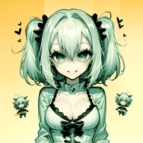 anime girl with green hair and black bowtie and green eyes, anime monster girl, [[[[grinning evily]]]], monstergirl, monster girl, chibi monster girl, loli, evil grin, ahegao, creepy, cute, kawaii, digital art from danganronpa, evil smile, wicked smile, de...