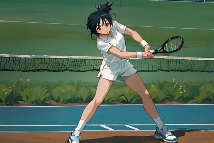 Tennis players play tennis on grass in white shirts and white shorts,  Black hair,  angle of view, anime, Anime style, tachi-e, character sheets, 8K, Super detail, ccurate, Best quality