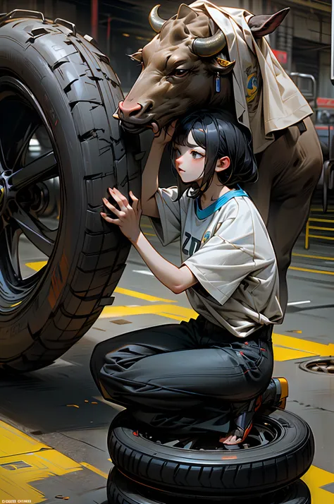 12 characters with cattle head and Brazilian national team t-shirt kneeling praying around a tire in the center, no estilo Pixar.