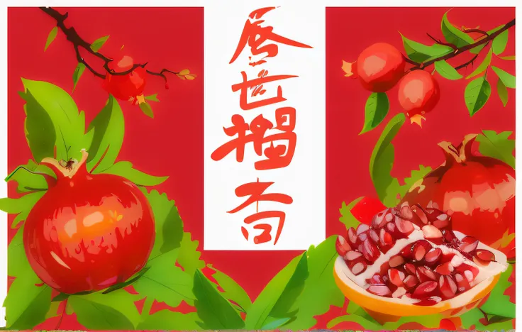 There is a picture of a pomegranate，There are Chinese characters on it, pomegranate, inspired by Wu Changshuo, inspired by Wang Yi, Chinese New Year in Shanghai, Inspired by Qi Baishi, shaxi, artwork in the style of z.Show on the. gu, artwork in style of s...