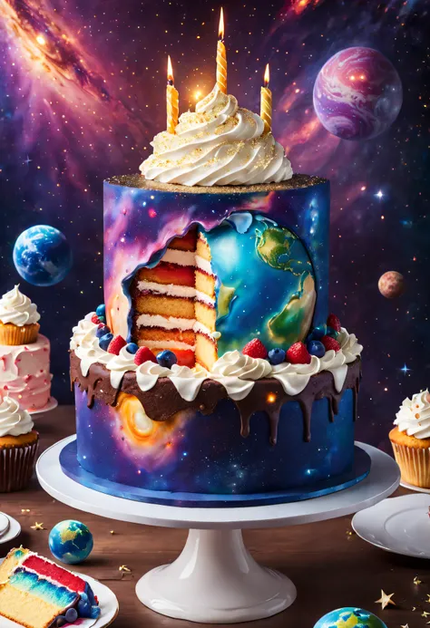 giant earth surface, super-sized cake, space background, high-res, ultra-detailed, realistic lighting, vivid colors, professiona...