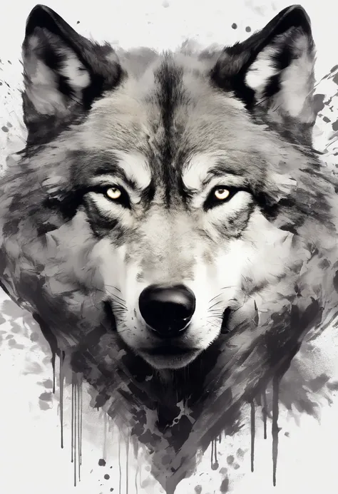 Black and gray realistic wolf tattoo art (((brue eyes))) ink splatter sketch effect ,He opened his mouth and said,、Looks very fiercely angry with a little wolf under than