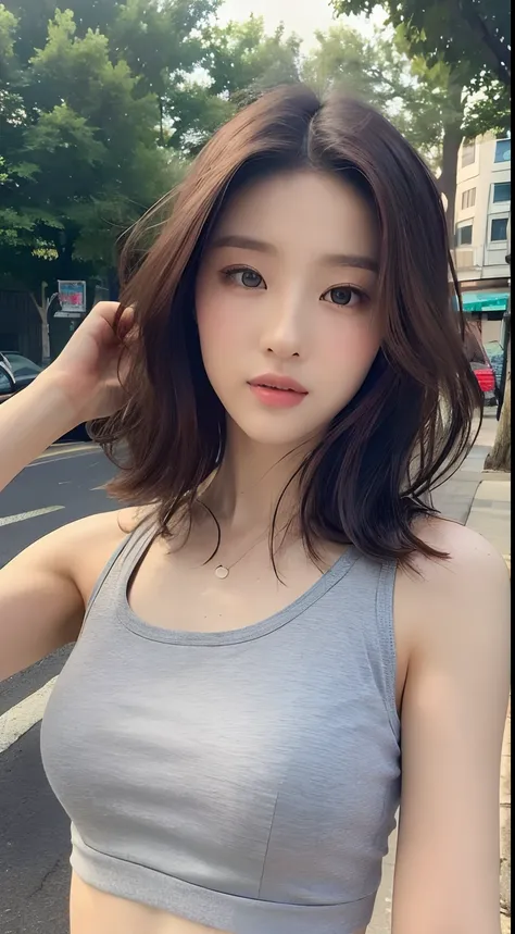 ((Best quality, 8k, Masterpiece :1.3)), Sharp focus :1.2, perfect figure beautiful woman:1.4, Slim abs:1.2, ((Layered Hair Style:1.2)), (Tank top shirt:1.1 ), (the street:1.2), Highly detailed facial and skin texture, A detailed eye, 二重まぶた，30 age old，Matur...