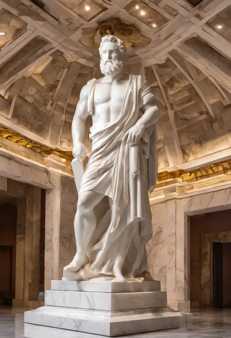 White marble statue of mans body turned out wise with bearded greek philosopher style in museum. atmosfera escura, alto contraste de luz e sombra, fotografia profissional, utrarealista, light volumetric, cinemactic